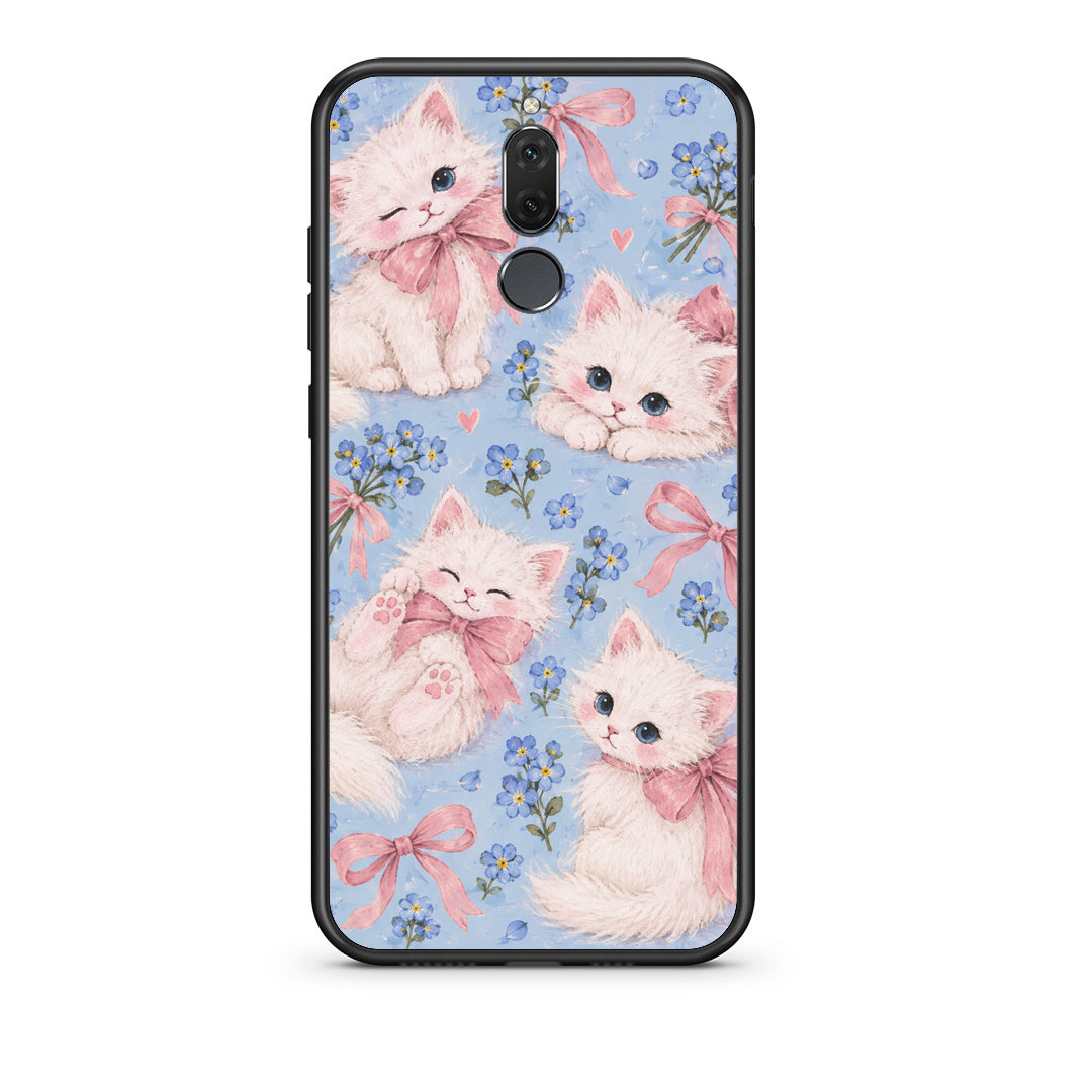Θήκη Huawei Mate 10 Lite White Kittens and Blue Flowers Large από τη Smartfits με σχέδιο στο πίσω μέρος και μαύρο περίβλημα | Huawei Mate 10 Lite White Kittens and Blue Flowers Large case with colorful back and black bezels