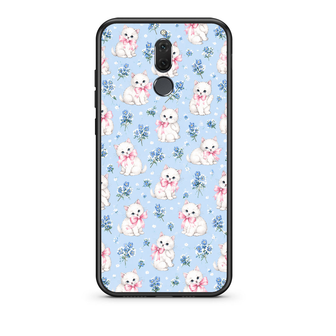 Θήκη Huawei Mate 10 Lite White Kittens and Blue Flowers Small από τη Smartfits με σχέδιο στο πίσω μέρος και μαύρο περίβλημα | Huawei Mate 10 Lite White Kittens and Blue Flowers Small case with colorful back and black bezels