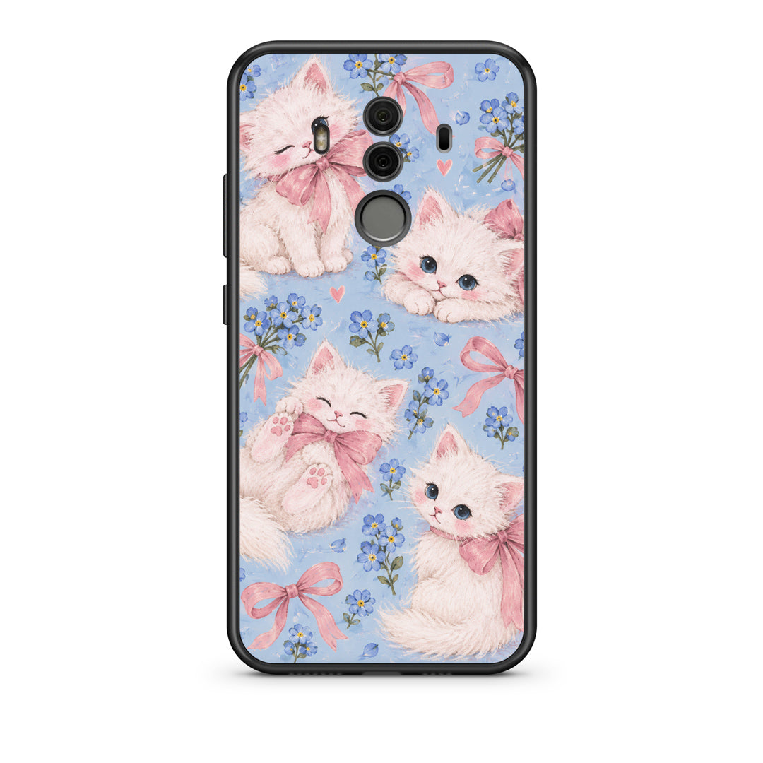 Θήκη Huawei Mate 10 Pro White Kittens and Blue Flowers Large από τη Smartfits με σχέδιο στο πίσω μέρος και μαύρο περίβλημα | Huawei Mate 10 Pro White Kittens and Blue Flowers Large case with colorful back and black bezels