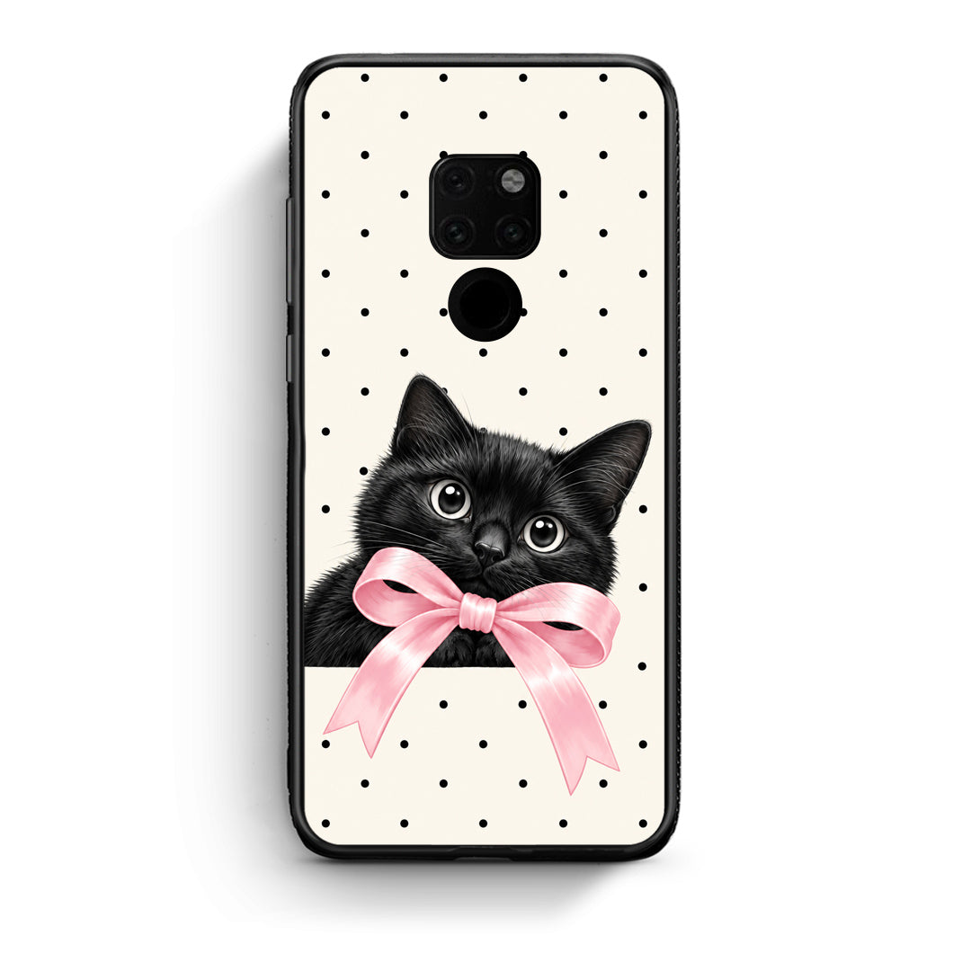 Θήκη Huawei Mate 20 Black Kitten Pink Bow and Polka Dots από τη Smartfits με σχέδιο στο πίσω μέρος και μαύρο περίβλημα | Huawei Mate 20 Black Kitten Pink Bow and Polka Dots case with colorful back and black bezels