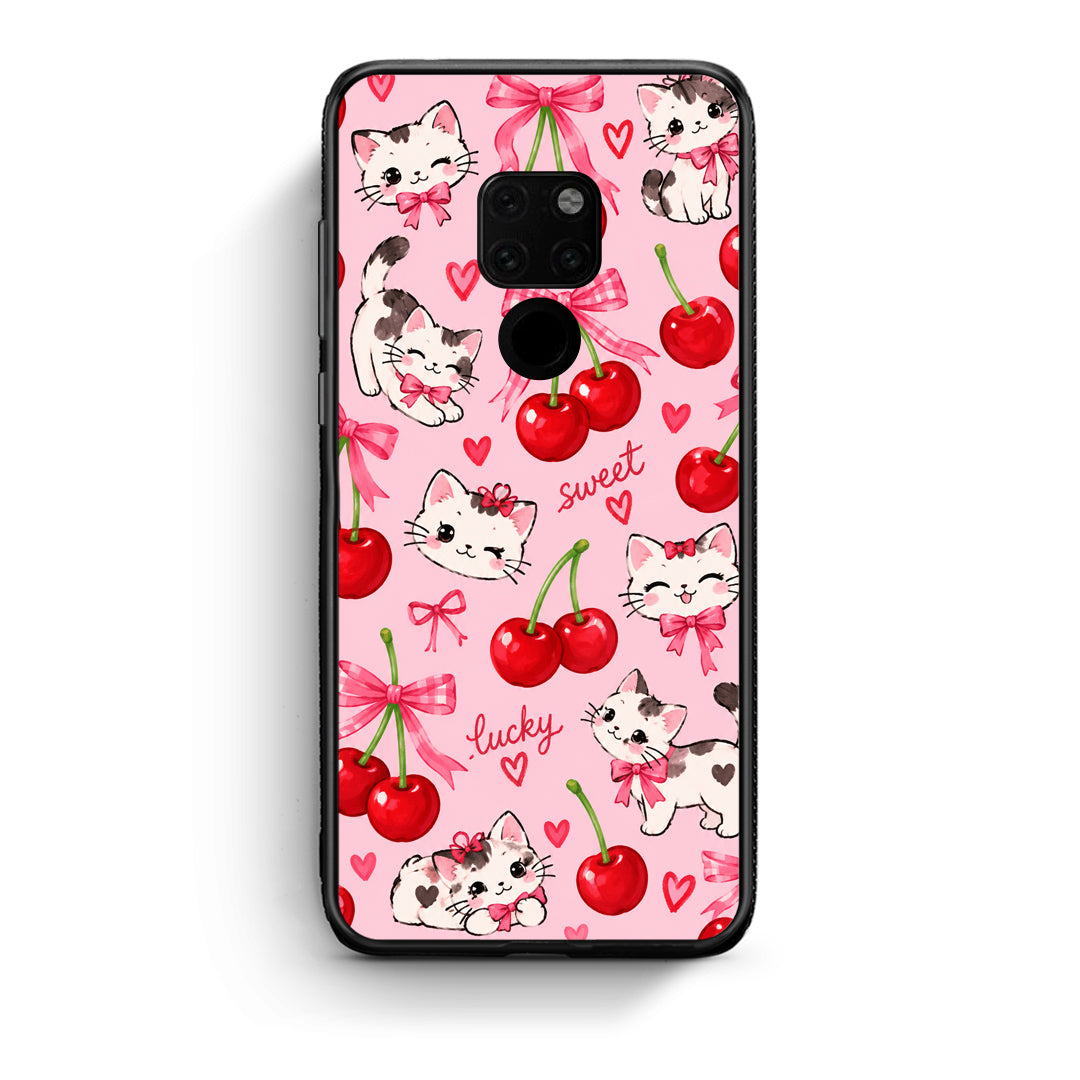 Θήκη Huawei Mate 20 Cherries Bows and Kittens on Pink από τη Smartfits με σχέδιο στο πίσω μέρος και μαύρο περίβλημα | Huawei Mate 20 Cherries Bows and Kittens on Pink case with colorful back and black bezels