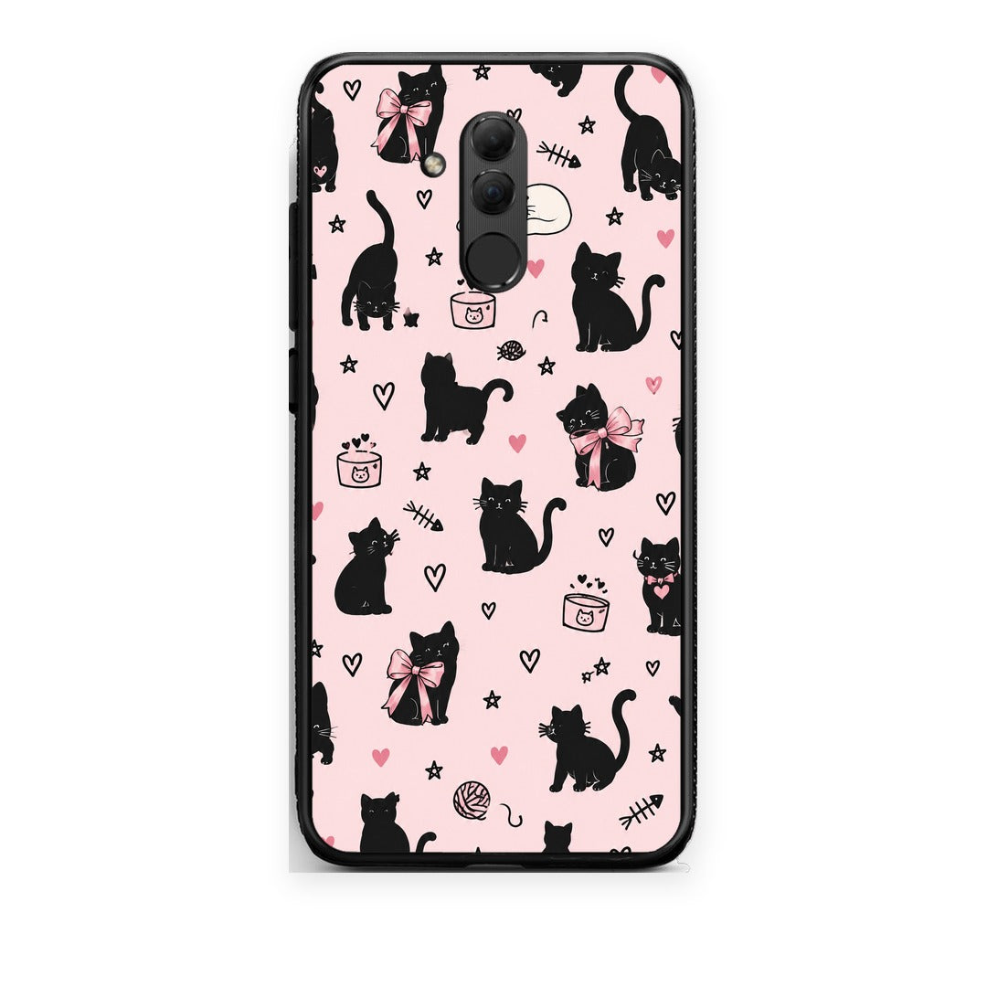 Θήκη Huawei Mate 20 Lite Black Cat Doodles on Pink από τη Smartfits με σχέδιο στο πίσω μέρος και μαύρο περίβλημα | Huawei Mate 20 Lite Black Cat Doodles on Pink case with colorful back and black bezels