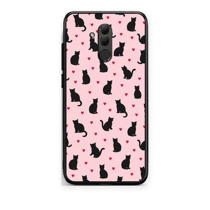 Θήκη Huawei Mate 20 Lite Black Cat Silhouettes and Hearts on Pink από τη Smartfits με σχέδιο στο πίσω μέρος και μαύρο περίβλημα | Huawei Mate 20 Lite Black Cat Silhouettes and Hearts on Pink case with colorful back and black bezels