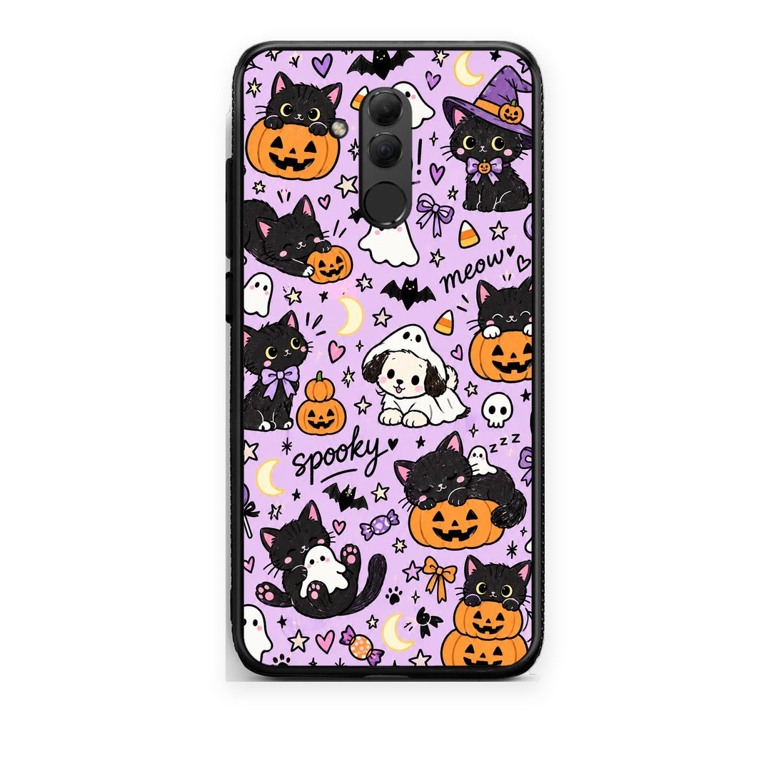 Θήκη Huawei Mate 20 Lite Halloween Black Cats on Lilac από τη Smartfits με σχέδιο στο πίσω μέρος και μαύρο περίβλημα | Huawei Mate 20 Lite Halloween Black Cats on Lilac case with colorful back and black bezels