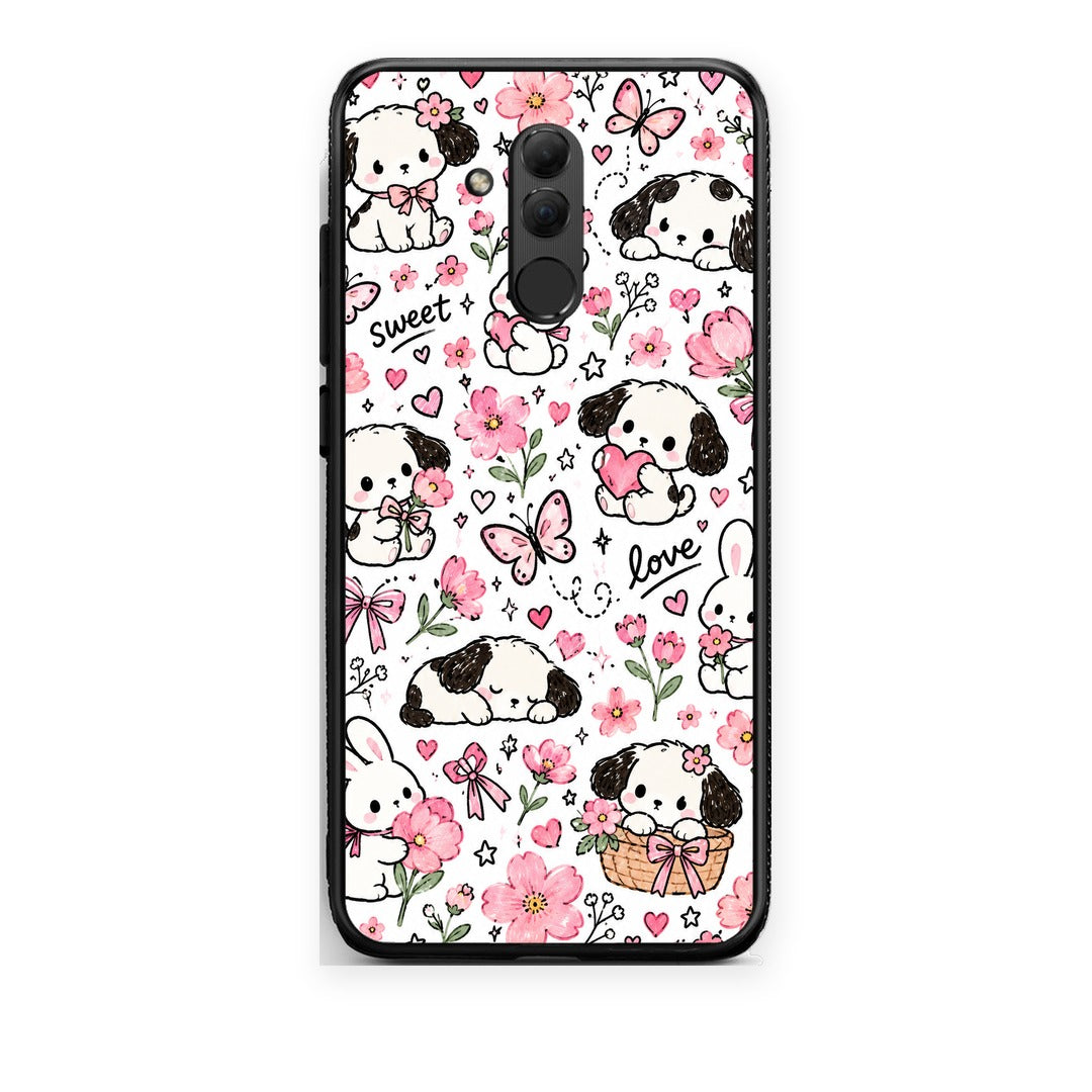 Θήκη Huawei Mate 20 Lite Pink Florals Puppies and Bunnies on White από τη Smartfits με σχέδιο στο πίσω μέρος και μαύρο περίβλημα | Huawei Mate 20 Lite Pink Florals Puppies and Bunnies on White case with colorful back and black bezels