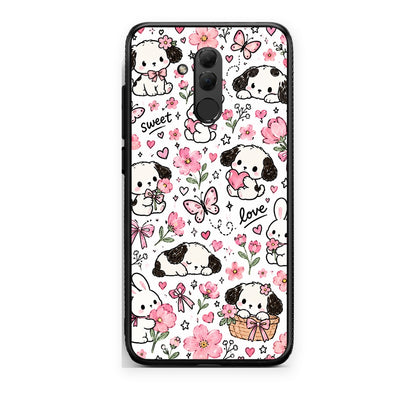 Θήκη Huawei Mate 20 Lite Pink Florals Puppies and Bunnies on White από τη Smartfits με σχέδιο στο πίσω μέρος και μαύρο περίβλημα | Huawei Mate 20 Lite Pink Florals Puppies and Bunnies on White case with colorful back and black bezels