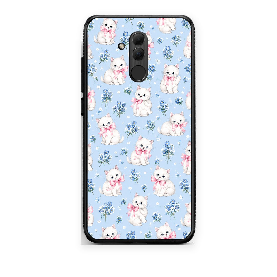 Θήκη Huawei Mate 20 Lite White Kittens and Blue Flowers Small από τη Smartfits με σχέδιο στο πίσω μέρος και μαύρο περίβλημα | Huawei Mate 20 Lite White Kittens and Blue Flowers Small case with colorful back and black bezels