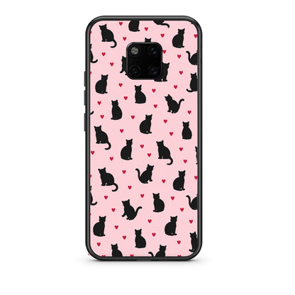 Θήκη Huawei Mate 20 Pro Black Cat Silhouettes and Hearts on Pink από τη Smartfits με σχέδιο στο πίσω μέρος και μαύρο περίβλημα | Huawei Mate 20 Pro Black Cat Silhouettes and Hearts on Pink case with colorful back and black bezels