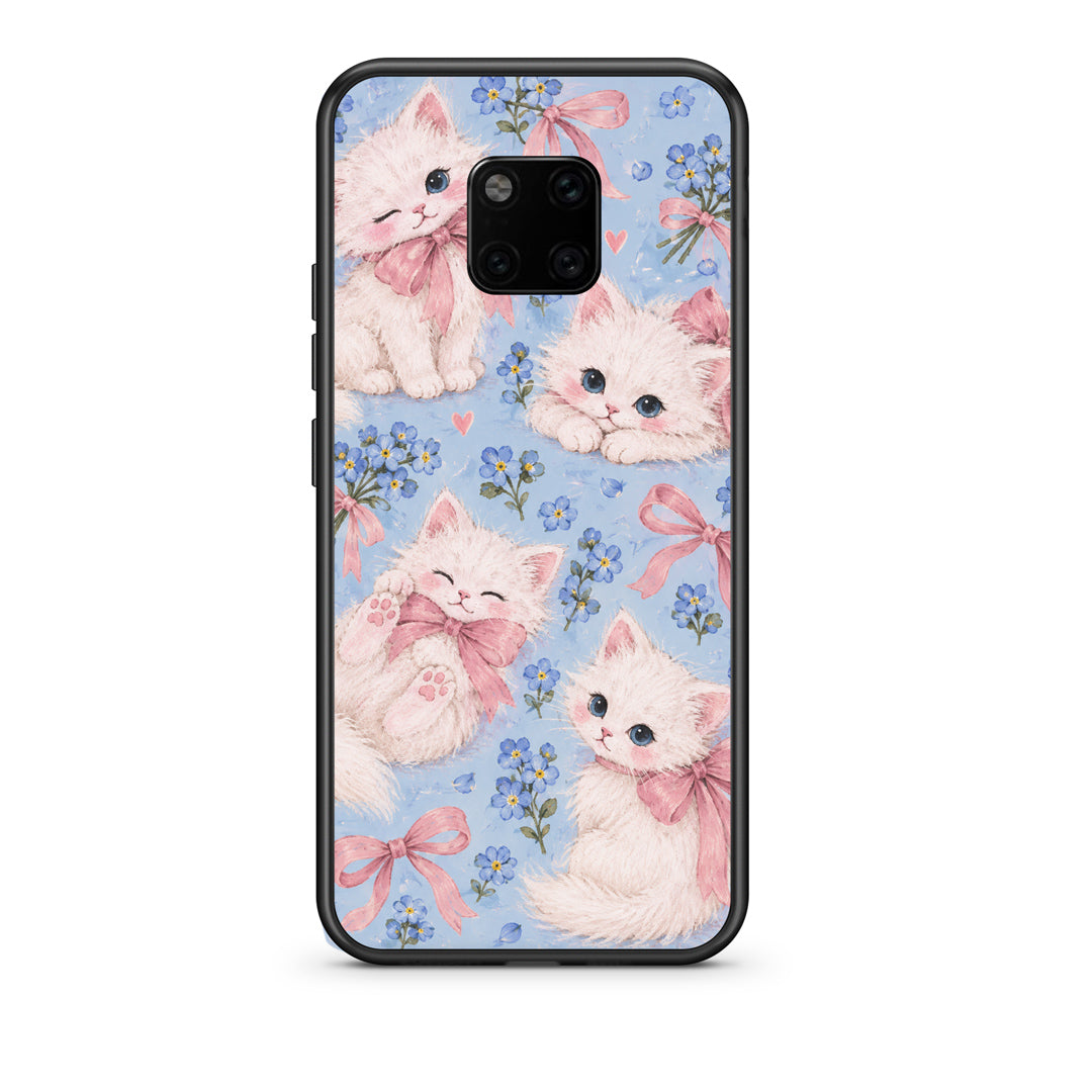Θήκη Huawei Mate 20 Pro White Kittens and Blue Flowers Large από τη Smartfits με σχέδιο στο πίσω μέρος και μαύρο περίβλημα | Huawei Mate 20 Pro White Kittens and Blue Flowers Large case with colorful back and black bezels