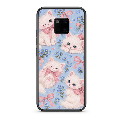 Θήκη Huawei Mate 20 Pro White Kittens and Blue Flowers Large από τη Smartfits με σχέδιο στο πίσω μέρος και μαύρο περίβλημα | Huawei Mate 20 Pro White Kittens and Blue Flowers Large case with colorful back and black bezels
