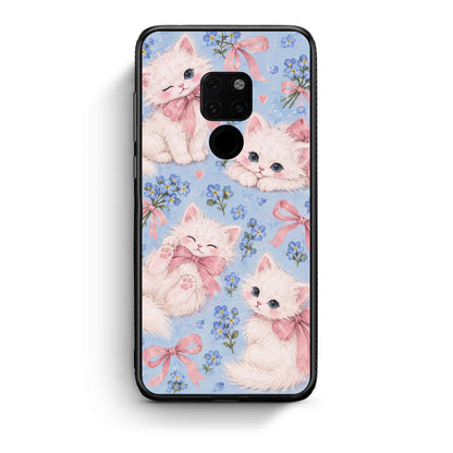 Θήκη Huawei Mate 20 White Kittens and Blue Flowers Large από τη Smartfits με σχέδιο στο πίσω μέρος και μαύρο περίβλημα | Huawei Mate 20 White Kittens and Blue Flowers Large case with colorful back and black bezels