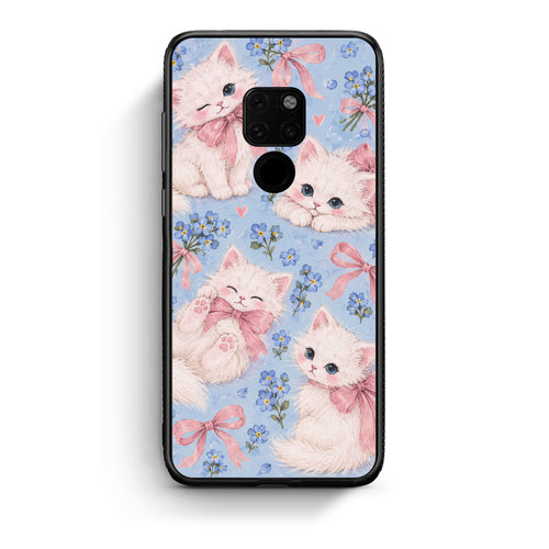 Θήκη Huawei Mate 20 White Kittens and Blue Flowers Large από τη Smartfits με σχέδιο στο πίσω μέρος και μαύρο περίβλημα | Huawei Mate 20 White Kittens and Blue Flowers Large case with colorful back and black bezels