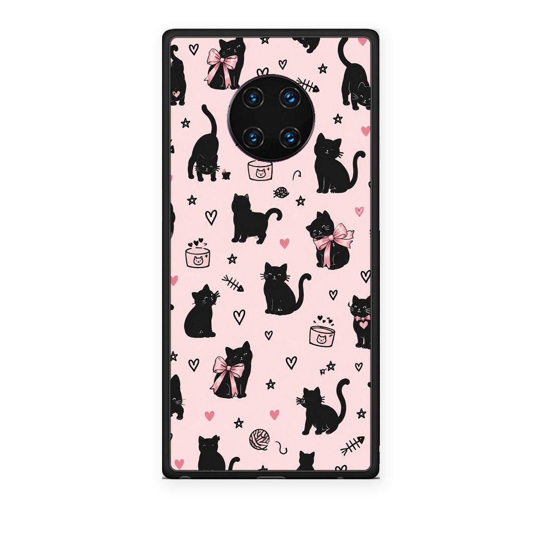 Θήκη Huawei Mate 30 Pro Black Cat Doodles on Pink από τη Smartfits με σχέδιο στο πίσω μέρος και μαύρο περίβλημα | Huawei Mate 30 Pro Black Cat Doodles on Pink case with colorful back and black bezels