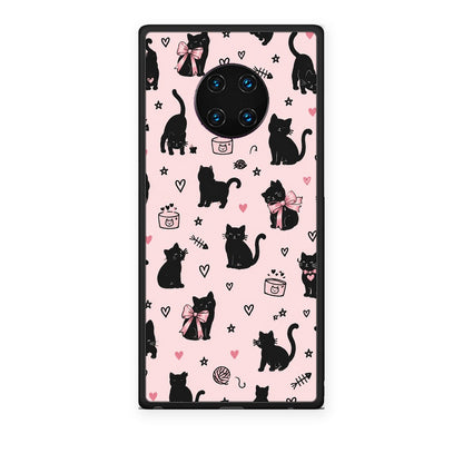 Θήκη Huawei Mate 30 Pro Black Cat Doodles on Pink από τη Smartfits με σχέδιο στο πίσω μέρος και μαύρο περίβλημα | Huawei Mate 30 Pro Black Cat Doodles on Pink case with colorful back and black bezels