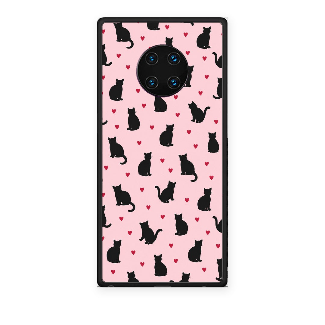 Θήκη Huawei Mate 30 Pro Black Cat Silhouettes and Hearts on Pink από τη Smartfits με σχέδιο στο πίσω μέρος και μαύρο περίβλημα | Huawei Mate 30 Pro Black Cat Silhouettes and Hearts on Pink case with colorful back and black bezels