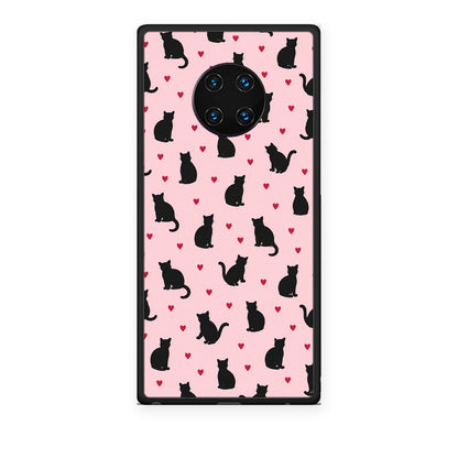 Θήκη Huawei Mate 30 Pro Black Cat Silhouettes and Hearts on Pink από τη Smartfits με σχέδιο στο πίσω μέρος και μαύρο περίβλημα | Huawei Mate 30 Pro Black Cat Silhouettes and Hearts on Pink case with colorful back and black bezels