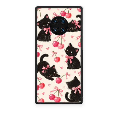 Θήκη Huawei Mate 30 Pro Black Kittens and Cherries on Cream από τη Smartfits με σχέδιο στο πίσω μέρος και μαύρο περίβλημα | Huawei Mate 30 Pro Black Kittens and Cherries on Cream case with colorful back and black bezels