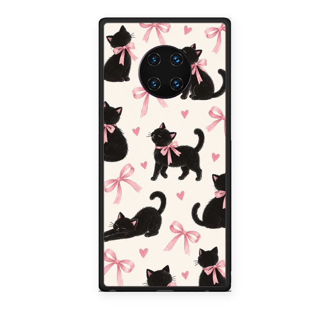 Θήκη Huawei Mate 30 Pro Black Kittens and Pink Bows on Cream Large από τη Smartfits με σχέδιο στο πίσω μέρος και μαύρο περίβλημα | Huawei Mate 30 Pro Black Kittens and Pink Bows on Cream Large case with colorful back and black bezels