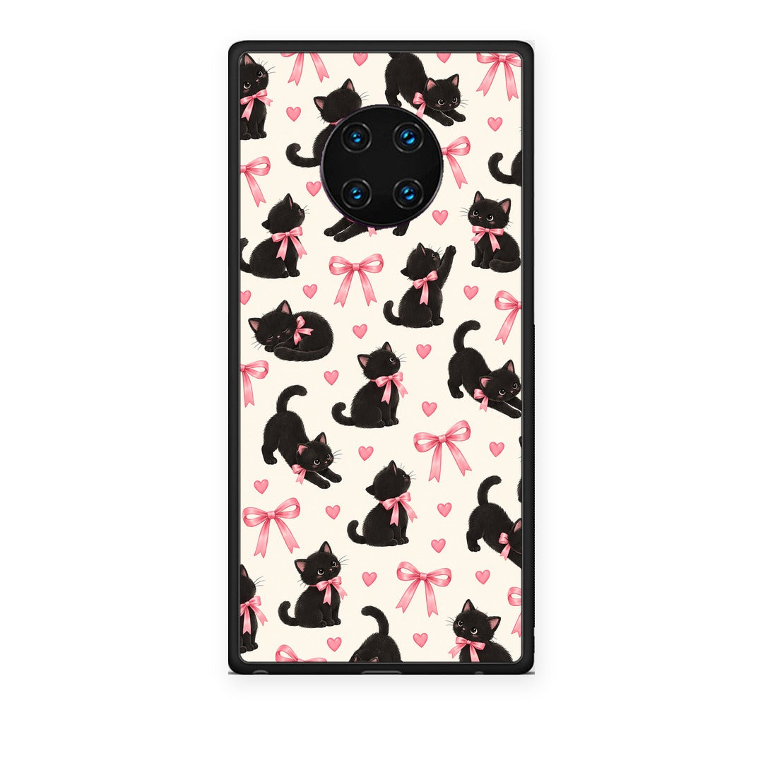 Θήκη Huawei Mate 30 Pro Black Kittens and Pink Bows on Cream Small από τη Smartfits με σχέδιο στο πίσω μέρος και μαύρο περίβλημα | Huawei Mate 30 Pro Black Kittens and Pink Bows on Cream Small case with colorful back and black bezels