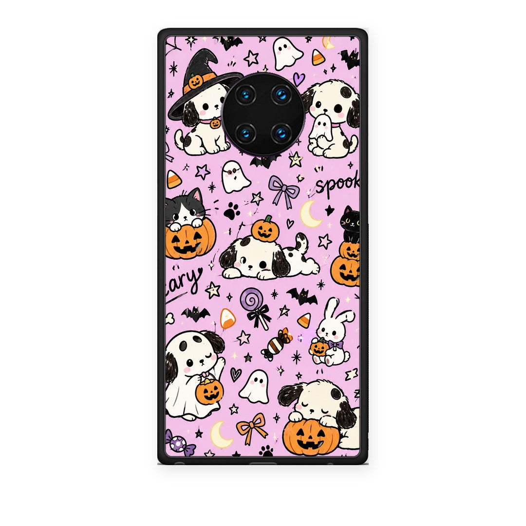 Θήκη Huawei Mate 30 Pro Halloween Puppies and Friends on Lilac από τη Smartfits με σχέδιο στο πίσω μέρος και μαύρο περίβλημα | Huawei Mate 30 Pro Halloween Puppies and Friends on Lilac case with colorful back and black bezels