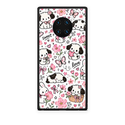 Θήκη Huawei Mate 30 Pro Pink Florals Puppies and Bunnies on White από τη Smartfits με σχέδιο στο πίσω μέρος και μαύρο περίβλημα | Huawei Mate 30 Pro Pink Florals Puppies and Bunnies on White case with colorful back and black bezels
