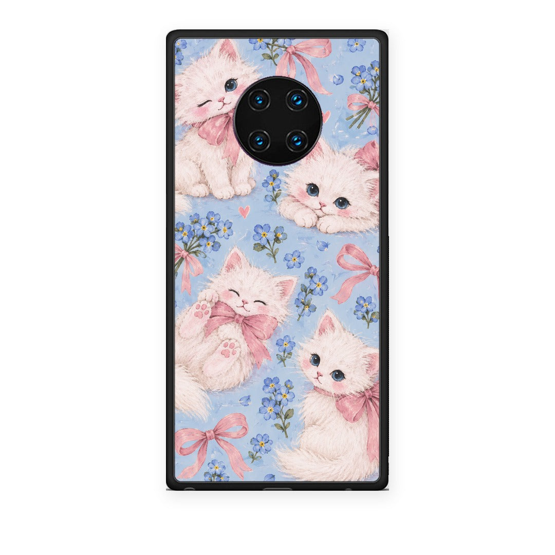 Θήκη Huawei Mate 30 Pro White Kittens and Blue Flowers Large από τη Smartfits με σχέδιο στο πίσω μέρος και μαύρο περίβλημα | Huawei Mate 30 Pro White Kittens and Blue Flowers Large case with colorful back and black bezels