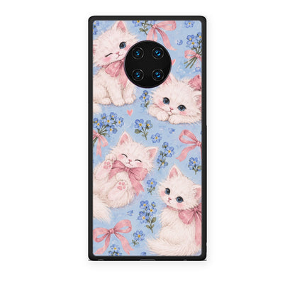 Θήκη Huawei Mate 30 Pro White Kittens and Blue Flowers Large από τη Smartfits με σχέδιο στο πίσω μέρος και μαύρο περίβλημα | Huawei Mate 30 Pro White Kittens and Blue Flowers Large case with colorful back and black bezels