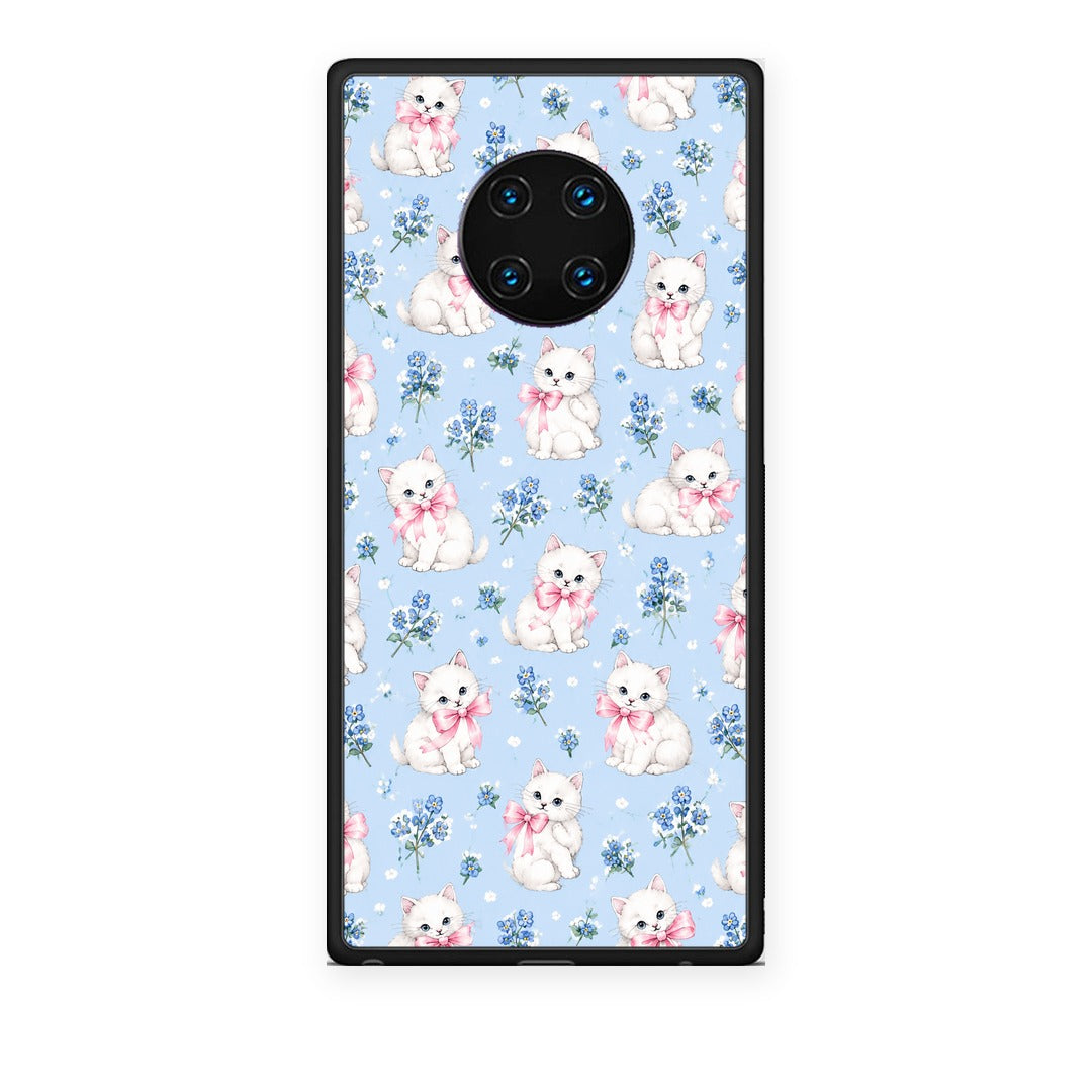 Θήκη Huawei Mate 30 Pro White Kittens and Blue Flowers Small από τη Smartfits με σχέδιο στο πίσω μέρος και μαύρο περίβλημα | Huawei Mate 30 Pro White Kittens and Blue Flowers Small case with colorful back and black bezels