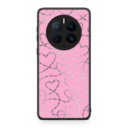 Θήκη Huawei Mate 50 Pro Barbed Wire Hearts on Pink από τη Smartfits με σχέδιο στο πίσω μέρος και μαύρο περίβλημα | Huawei Mate 50 Pro Barbed Wire Hearts on Pink case with colorful back and black bezels