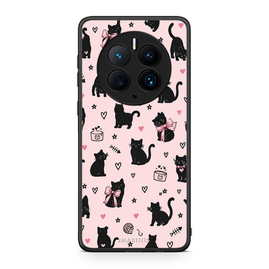 Θήκη Huawei Mate 50 Pro Black Cat Doodles on Pink από τη Smartfits με σχέδιο στο πίσω μέρος και μαύρο περίβλημα | Huawei Mate 50 Pro Black Cat Doodles on Pink case with colorful back and black bezels