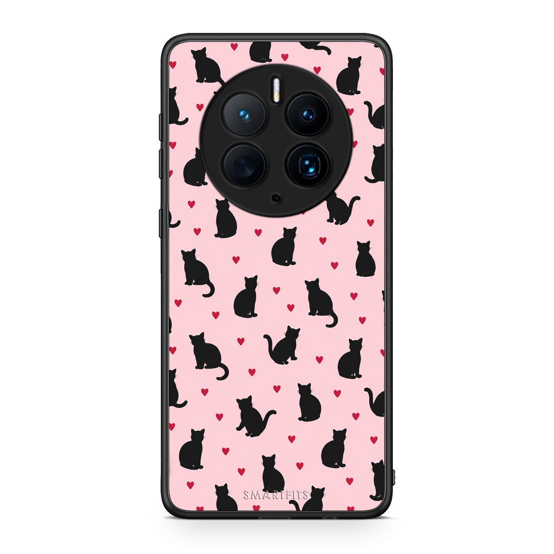 Θήκη Huawei Mate 50 Pro Black Cat Silhouettes and Hearts on Pink από τη Smartfits με σχέδιο στο πίσω μέρος και μαύρο περίβλημα | Huawei Mate 50 Pro Black Cat Silhouettes and Hearts on Pink case with colorful back and black bezels