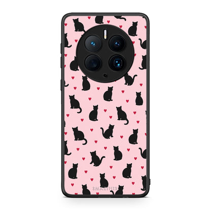 Θήκη Huawei Mate 50 Pro Black Cat Silhouettes and Hearts on Pink από τη Smartfits με σχέδιο στο πίσω μέρος και μαύρο περίβλημα | Huawei Mate 50 Pro Black Cat Silhouettes and Hearts on Pink case with colorful back and black bezels