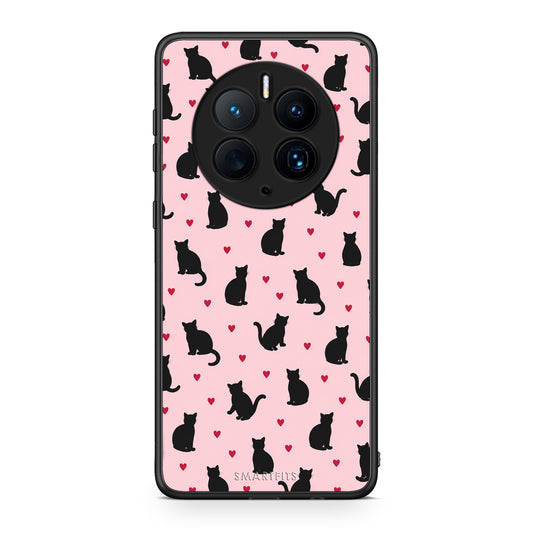 Θήκη Huawei Mate 50 Pro Black Cat Silhouettes and Hearts on Pink από τη Smartfits με σχέδιο στο πίσω μέρος και μαύρο περίβλημα | Huawei Mate 50 Pro Black Cat Silhouettes and Hearts on Pink case with colorful back and black bezels