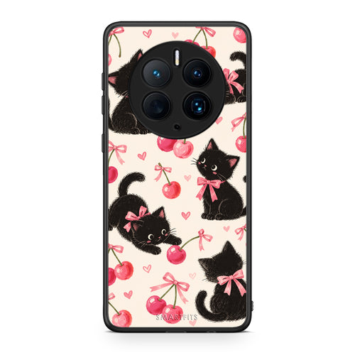 Θήκη Huawei Mate 50 Pro Black Kittens and Cherries on Cream από τη Smartfits με σχέδιο στο πίσω μέρος και μαύρο περίβλημα | Huawei Mate 50 Pro Black Kittens and Cherries on Cream case with colorful back and black bezels