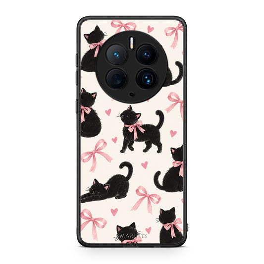 Θήκη Huawei Mate 50 Pro Black Kittens and Pink Bows on Cream Large από τη Smartfits με σχέδιο στο πίσω μέρος και μαύρο περίβλημα | Huawei Mate 50 Pro Black Kittens and Pink Bows on Cream Large case with colorful back and black bezels