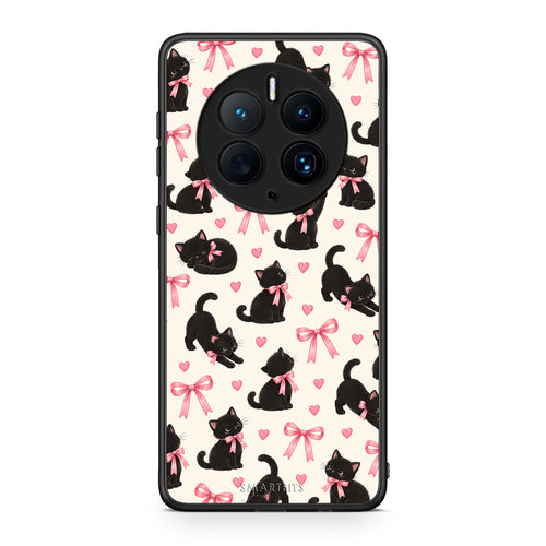 Θήκη Huawei Mate 50 Pro Black Kittens and Pink Bows on Cream Small από τη Smartfits με σχέδιο στο πίσω μέρος και μαύρο περίβλημα | Huawei Mate 50 Pro Black Kittens and Pink Bows on Cream Small case with colorful back and black bezels
