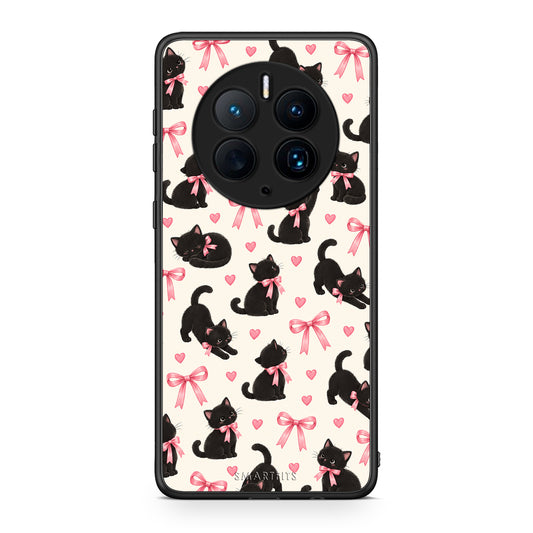 Θήκη Huawei Mate 50 Pro Black Kittens and Pink Bows on Cream Small από τη Smartfits με σχέδιο στο πίσω μέρος και μαύρο περίβλημα | Huawei Mate 50 Pro Black Kittens and Pink Bows on Cream Small case with colorful back and black bezels