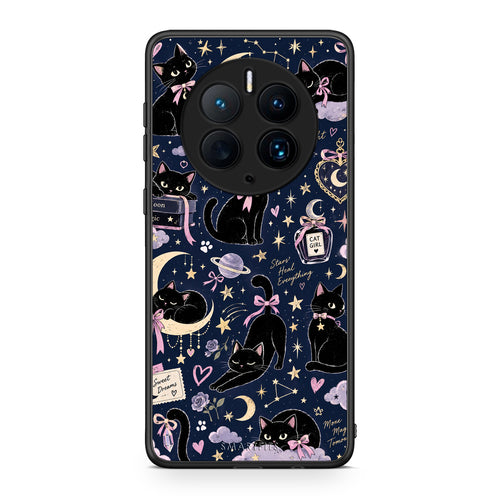 Θήκη Huawei Mate 50 Pro Celestial Black Cats on Navy από τη Smartfits με σχέδιο στο πίσω μέρος και μαύρο περίβλημα | Huawei Mate 50 Pro Celestial Black Cats on Navy case with colorful back and black bezels