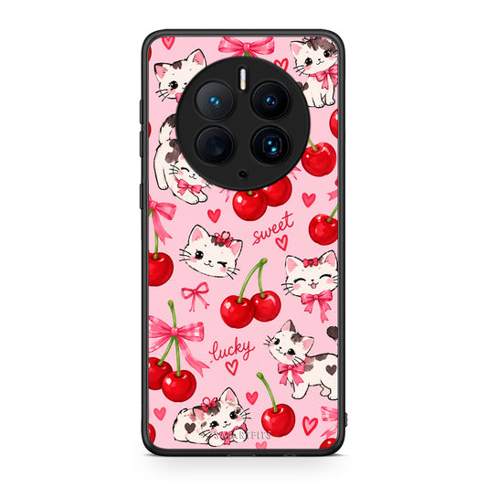 Θήκη Huawei Mate 50 Pro Cherries Bows and Kittens on Pink από τη Smartfits με σχέδιο στο πίσω μέρος και μαύρο περίβλημα | Huawei Mate 50 Pro Cherries Bows and Kittens on Pink case with colorful back and black bezels