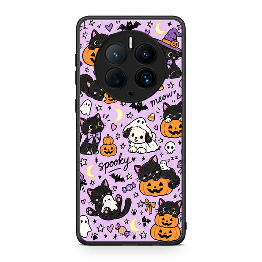 Θήκη Huawei Mate 50 Pro Halloween Black Cats on Lilac από τη Smartfits με σχέδιο στο πίσω μέρος και μαύρο περίβλημα | Huawei Mate 50 Pro Halloween Black Cats on Lilac case with colorful back and black bezels