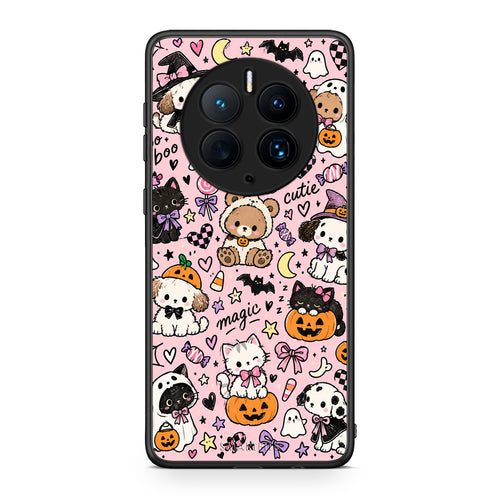Θήκη Huawei Mate 50 Pro Halloween Cute Animals on Pink από τη Smartfits με σχέδιο στο πίσω μέρος και μαύρο περίβλημα | Huawei Mate 50 Pro Halloween Cute Animals on Pink case with colorful back and black bezels