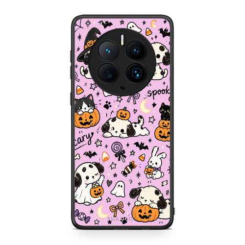 Θήκη Huawei Mate 50 Pro Halloween Puppies and Friends on Lilac από τη Smartfits με σχέδιο στο πίσω μέρος και μαύρο περίβλημα | Huawei Mate 50 Pro Halloween Puppies and Friends on Lilac case with colorful back and black bezels