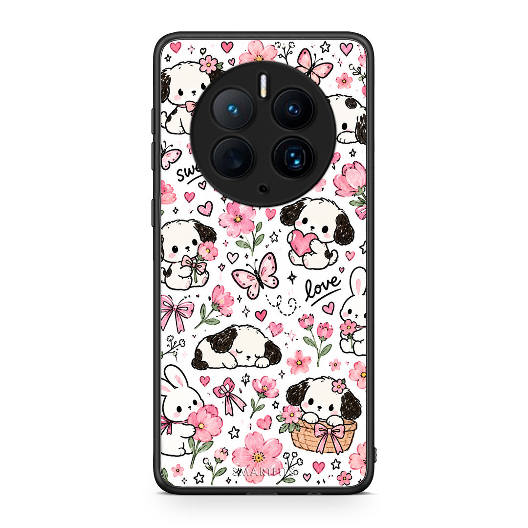 Θήκη Huawei Mate 50 Pro Pink Florals Puppies and Bunnies on White από τη Smartfits με σχέδιο στο πίσω μέρος και μαύρο περίβλημα | Huawei Mate 50 Pro Pink Florals Puppies and Bunnies on White case with colorful back and black bezels