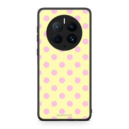 Θήκη Huawei Mate 50 Pro Pink Polka Dots on Yellow από τη Smartfits με σχέδιο στο πίσω μέρος και μαύρο περίβλημα | Huawei Mate 50 Pro Pink Polka Dots on Yellow case with colorful back and black bezels