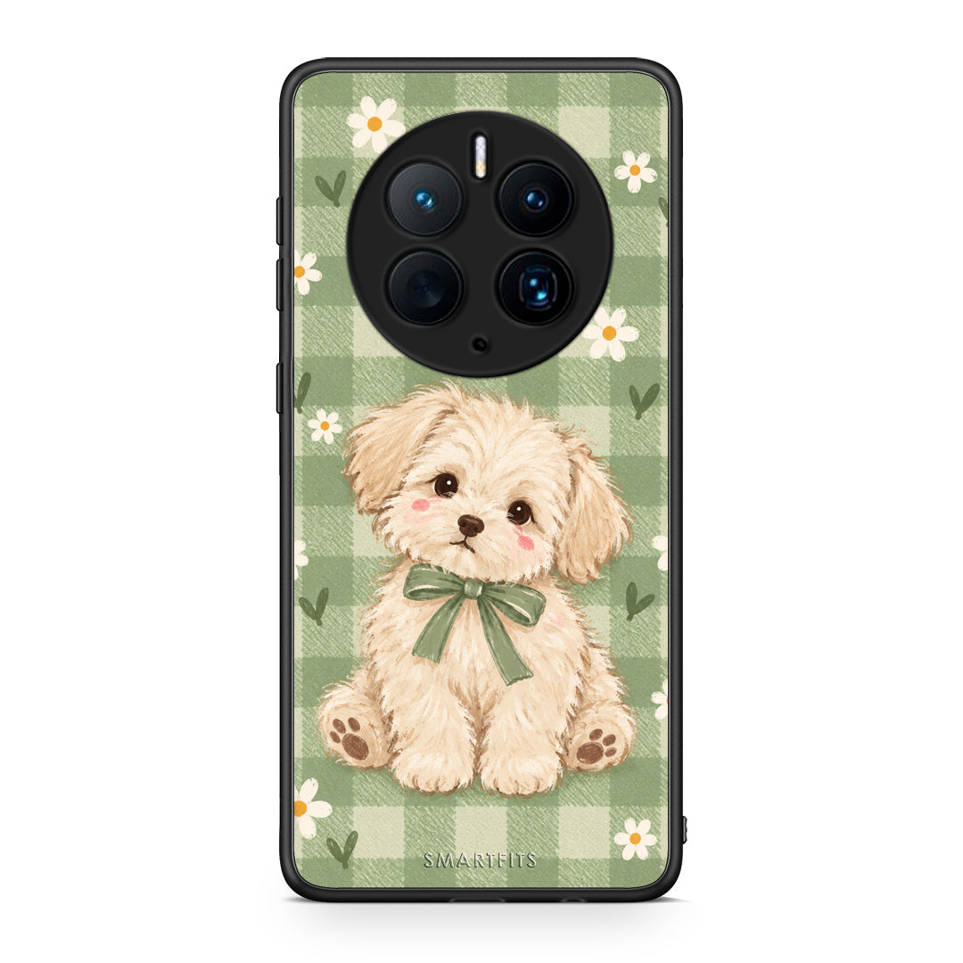 Θήκη Huawei Mate 50 Pro Puppy and Daisies on Sage Gingham από τη Smartfits με σχέδιο στο πίσω μέρος και μαύρο περίβλημα | Huawei Mate 50 Pro Puppy and Daisies on Sage Gingham case with colorful back and black bezels