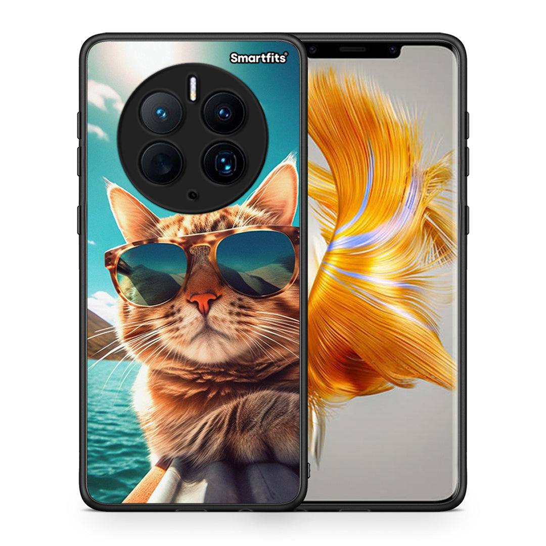 Θήκη Huawei Mate 50 Pro Summer Cat από τη Smartfits με σχέδιο στο πίσω μέρος και μαύρο περίβλημα | Huawei Mate 50 Pro Summer Cat Case with Colorful Back and Black Bezels