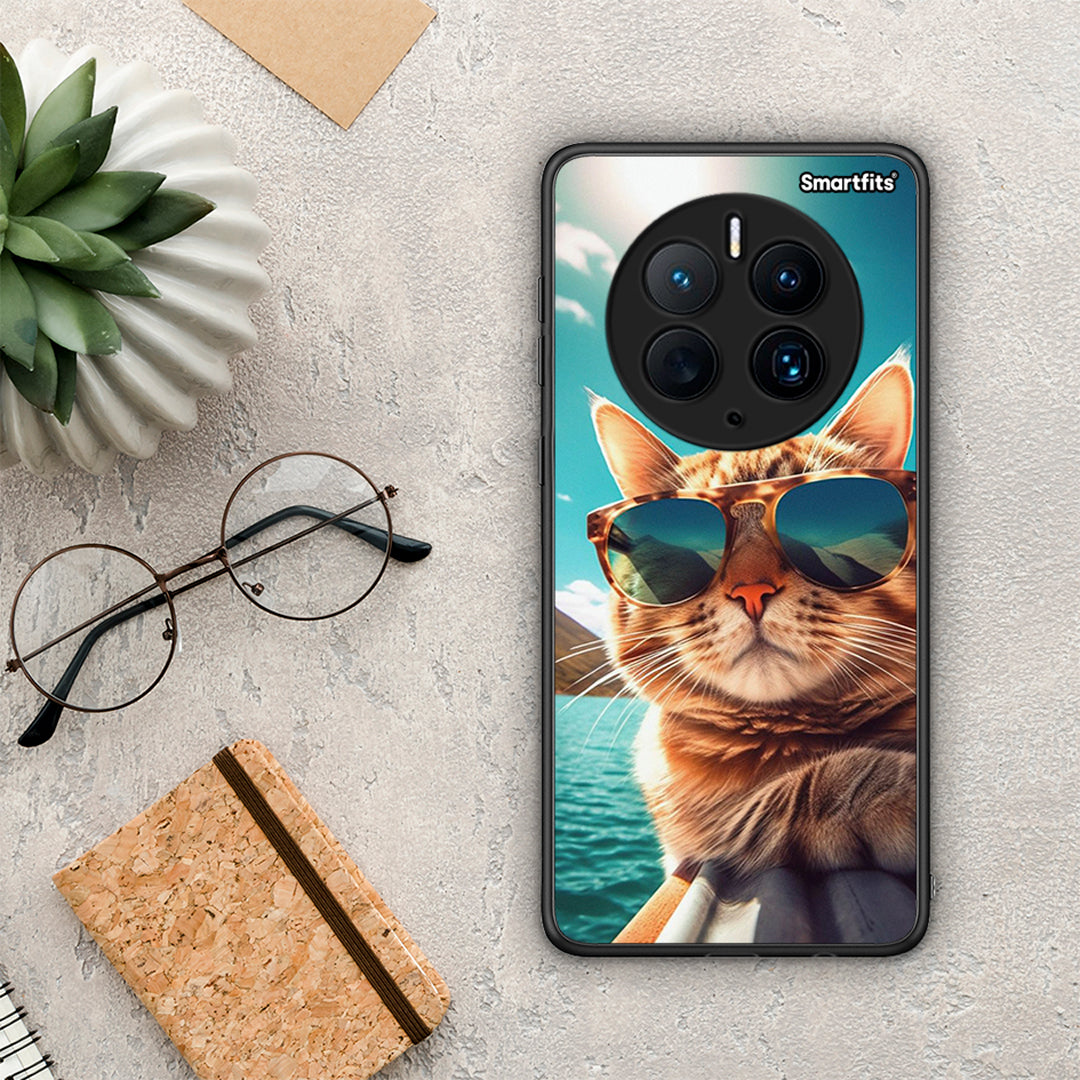 Θήκη Huawei Mate 50 Pro Summer Cat από τη Smartfits με σχέδιο στο πίσω μέρος και μαύρο περίβλημα | Huawei Mate 50 Pro Summer Cat Case with Colorful Back and Black Bezels