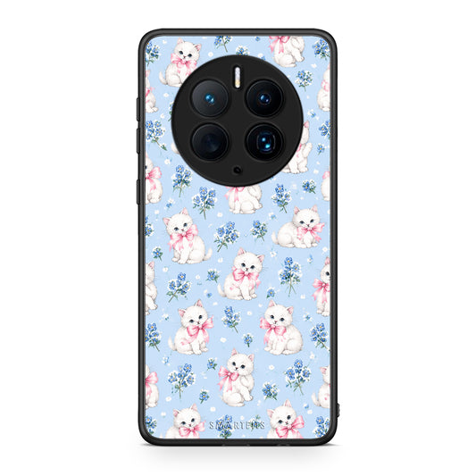 Θήκη Huawei Mate 50 Pro White Kittens and Blue Flowers Small από τη Smartfits με σχέδιο στο πίσω μέρος και μαύρο περίβλημα | Huawei Mate 50 Pro White Kittens and Blue Flowers Small case with colorful back and black bezels