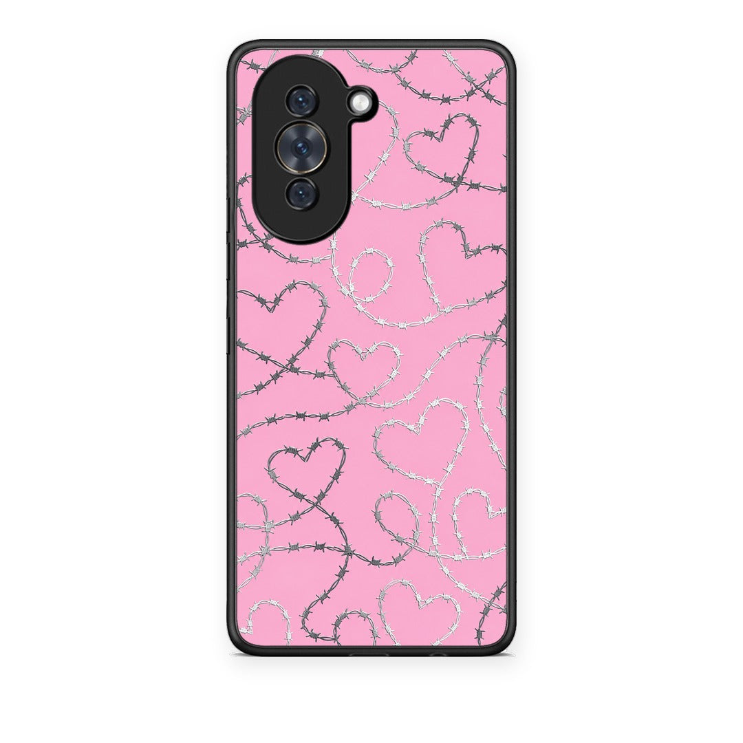 Θήκη Huawei Nova 10 Barbed Wire Hearts on Pink από τη Smartfits με σχέδιο στο πίσω μέρος και μαύρο περίβλημα | Huawei Nova 10 Barbed Wire Hearts on Pink case with colorful back and black bezels