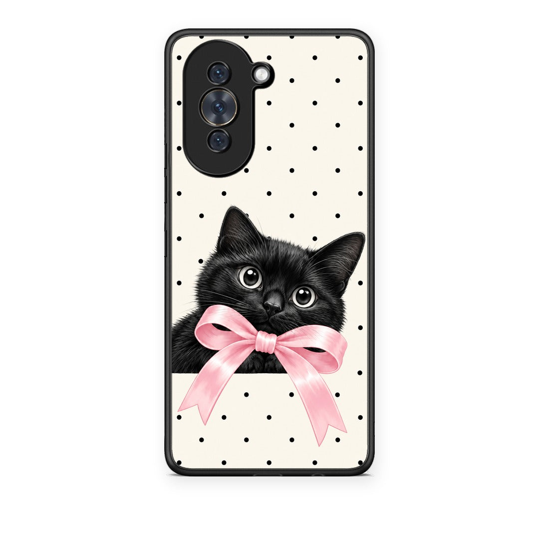 Θήκη Huawei Nova 10 Black Kitten Pink Bow and Polka Dots από τη Smartfits με σχέδιο στο πίσω μέρος και μαύρο περίβλημα | Huawei Nova 10 Black Kitten Pink Bow and Polka Dots case with colorful back and black bezels